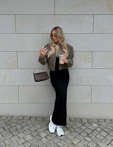 Faleave Women's Cropped Bomber Jacket Casual Street Button Down Varsity Jacket with Two Big Pockets4