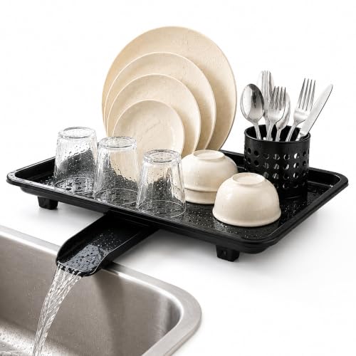 Image of JD FRESH Dish Drainer Tray with Water Drain Spout /BPA-Free Plastic Utensil Drying Tray /Countertop Kitchen Sink Organizer with Wheels /Multipurpose Drying Stand for Kitchen (12 x 17 Inch, Black)