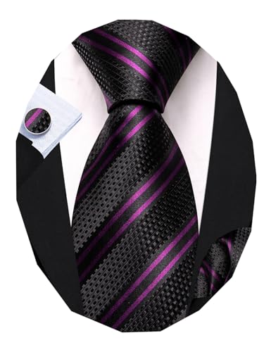 Image of Barry.Wang Man Stripe Ties Set Silk Woven Pocket Square Necktie Cufflinks Formal Party Business, Black Purple