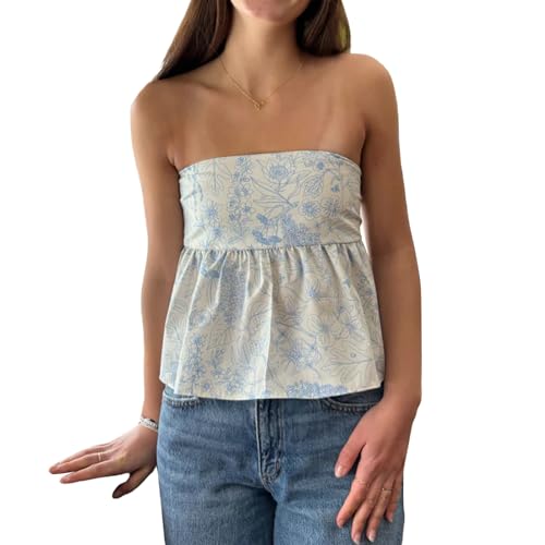 Women Y2k Tube Tops Strapless Floral Bandeau Vest Sexy Tie Up Sleeveless Backless Cute Tops Summer Grunge Clothes (Light Blue, S)