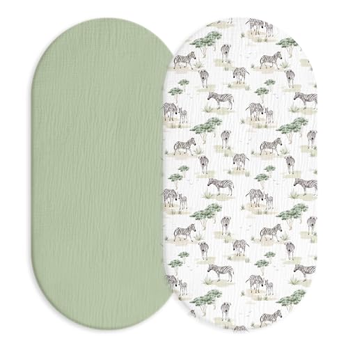 Image of Muslin Bassinet Fitted Sheets 2 Pack, Soft Breathable Cotton Baby Bassinet Mattress Sheet Set, 360° Elastic Snug Fit, Universal for Oval, Rectangle & Hourglass Cradle, Unisex Baby Bedding (Cute Zebra)