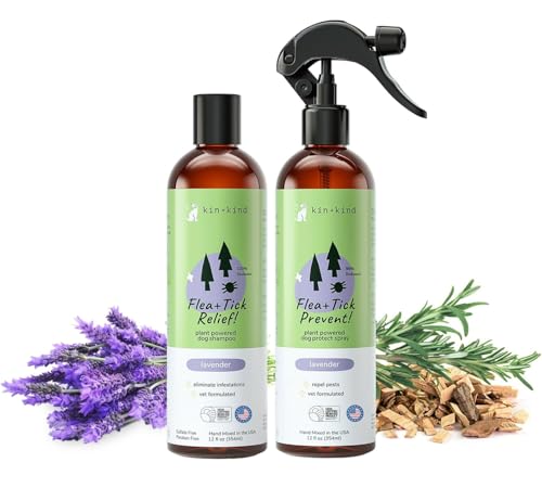 kin+kind Flea and Tick Spray and Shampoo Kit- Shampoo and Spray Set- Shampoo for Dogs, Spray for Dogs- for Tick and Flea Control Shampoo and Repel Spray- Lavender, 12 oz Each