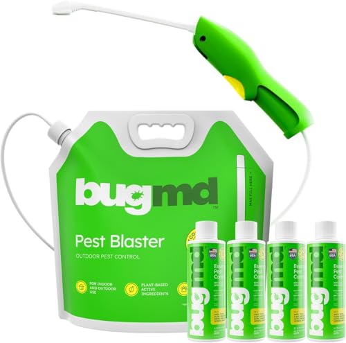 BugMD Pest Blaster Kit - Rechargeable Power Sprayer (Batteries Included), 4-Pack Pest Control Essential Oil Concentrates for Indoor & Outdoor Use - Plant-Powered Ant, Roach, Spider & Insect Killer