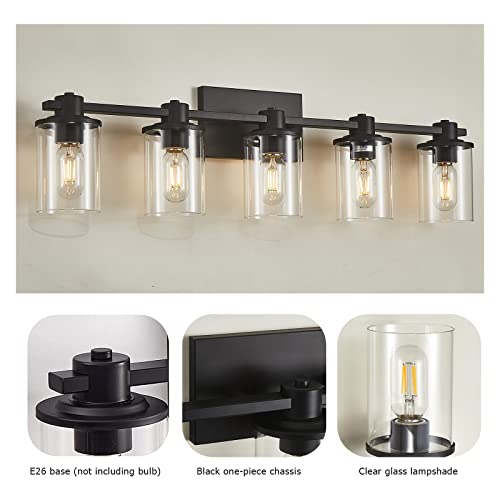 Image of 5-Light Modern Bathroom Vanity Lights,Industrial Matte Black Bathroom Light Fixtures with Clear Glass, Vanity Lights Fixture for Bathroom, Living Room, Mirror,Hallway