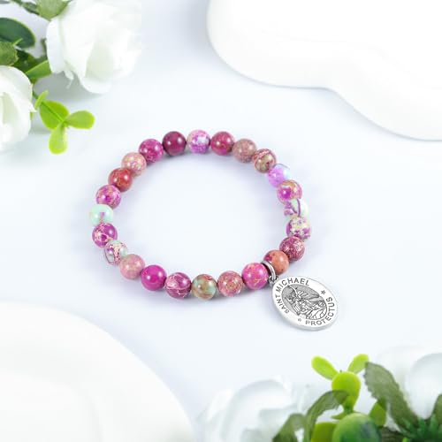 LIUANAN St Michael Bracelet for Women with Sea Sediment Purple Jasper Saint Michael the Archangel Religious Gift Christian Faith Jewelry Protection Bracelets4