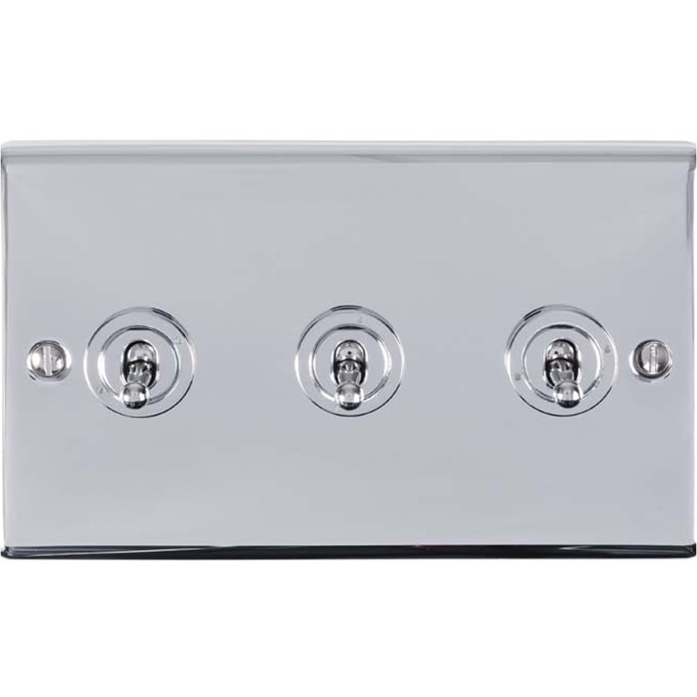 Loops 3 Gang Triple Retro Toggle Light Switch Polished Chrome 10A 2 Way Lever Plate