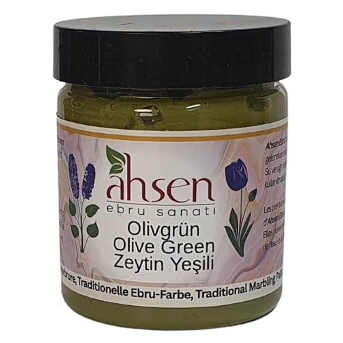 Ahsen Ebru Sanatı Pintura jaspeada verde oliva – 105 ml – Pintura pastosa hecha a mano para papel y decoración