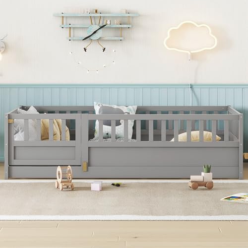 Image of Bellemave Twin Size Kids Montessori Floor Bed with Slats,Solid Wood Floor Bed Frame with High Fence and Door for Kids,Girls,Boys,Twin,Gray