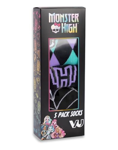 Monster High Girls Wadensocken mit Totenköpfen und Streifen | 5er-Set | Lustige Muster Logos | Lässige Alltagssocken für Kinder | Argyle- und Streifendesign