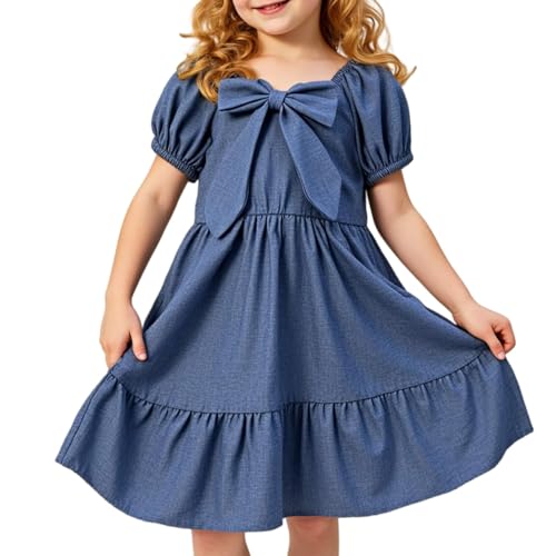 Little Bitty Girls Denim Princess Dress Navy Blue Puff Sleeves Cotton Blend Bow Ruffle Hem Cute Party Dress 2-6 Years Old