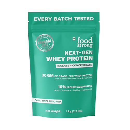 Image of Foodstrong Next-Gen Whey Protein Isolate + Concentrate, 100% Hormone Free Grass-Fed Whey, 30G Protein, Unflavoured (Raw Protein), With Turmeric, Probiotics & Natural Digestive Enzymes For Easy Digestion, 1KG