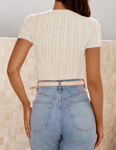 ZESICA Women's Trendy Short Sleeve Sweater Shirts Spring Summer Cable Knit Pullover Tops2