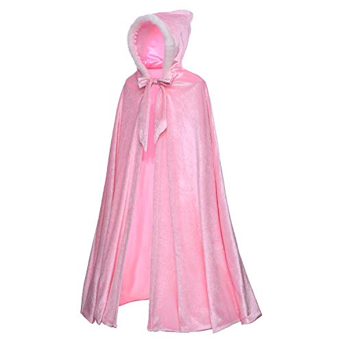 Princess Aurora Ariel Deluxe Costume Soft Velvet Plush Hooded Long Cape Cloak Accessories for Toddler Girls Dress Up Party Size 6 7 8 9 10 Years(Pink)