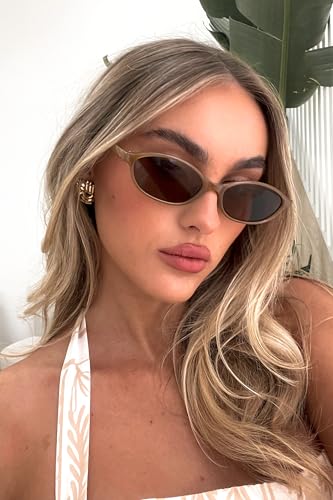 Image of GUVIVI Retro Oval Sunglasses for Women Chic Cat Eye 90s Sunnies Lightweight Narrow Shades Trendy UV protection Sun Glasses