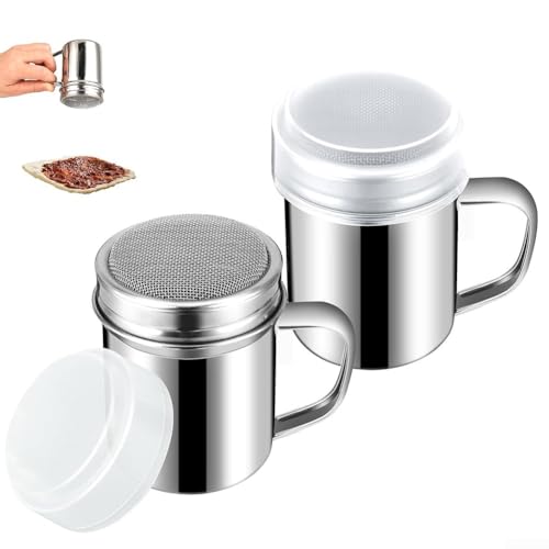Paquete de dos aspersores de polvo de acero inoxidable, mangos LP5122, dispensador de azúcar, herramienta de horneado de cocina, tamiz contenedor de polvo