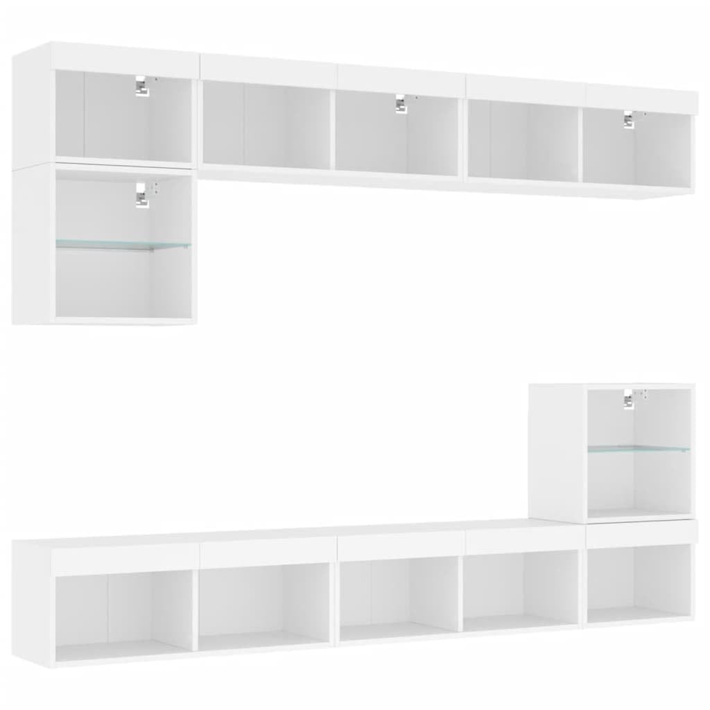 8-częściowy zestaw mebli TV z oświetleniem LED RGB, biały, montowany na ścianie, z tworzywa drewnopochodnego, odporny na wilgoć, dużą przestrzenią do przechowywania książek
