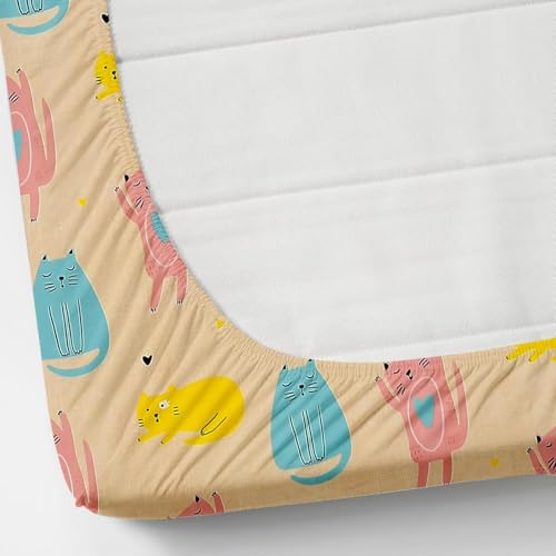 Image of RD FABS Glace Cotton Wrinkle Free Soft Hypoallergenic Elastic Fitted Cartoon Printed Bedsheets for Kids with 2 Pillow(Size,78 x 72 Inches(Fits up to 8 Inch),Cream Cat),Double Bed,300 TC