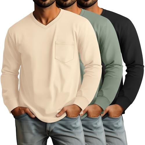 Ficerd 3 Pack Men's Big and Tall V Neck Shirts with Pocket Long Sleeve Plus Size Tops Basic Casual Cotton Loose Fall Tee