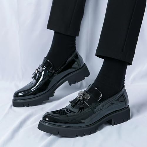 Mens Faux Patent Leather Tassel Slip-On Dress Loafers with Brogue Modern Wingtip Platform Lug Sole Penny Shoes for Business Party Formal 7