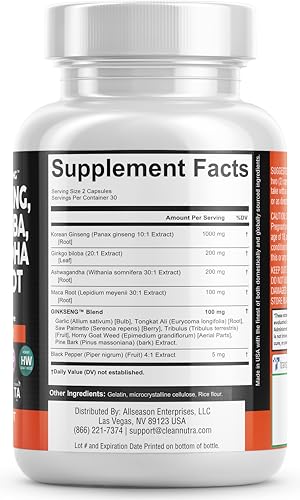 Clean Nutraceuticals CLN-GINKSENG-01-1PACK Panax Ginseng 10000Mg Ginkgo Biloba 4000Mg Ashwagandha Maca Root 3000Mg - Focus Supplement Pills thumb #4