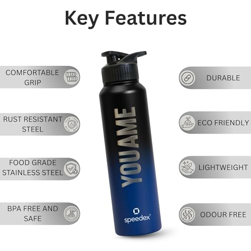 Image of Speedex Customised Stainless Steel Water Bottle 1 Ltr with Name - Personalised Engraved Sipper Cap Bottle for Kids, Men & Women, School, Gym, Office Black Blue, Set of 1