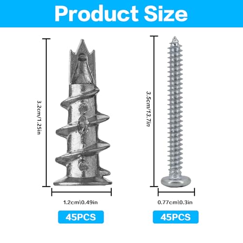 90 Stk Rigipsdübel, Selbstbohrender Gipskartondübel mit Schrauben, Metalldübel Hohlraumdübel, Edelstahl Gipskarton Schrauben Dübel Set, Betondübel für Rigipswände, Befestigung Gipsfaserplatten Beton
