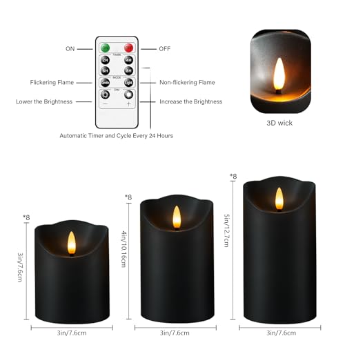 Image of Nimiko Flameless Candles with Remote, Battery Operated Flickering Flameless Candles, LED Candles with Timer 2 /4 /6 /8H, with Realistic LED Candles Set of 24 (D3 x H 3 inch 4 inch 5 inch) (Black)