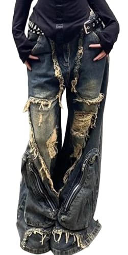 Y2k Retro Niche Baggy deconstruction Tassel Ripped Jeans Men's and
