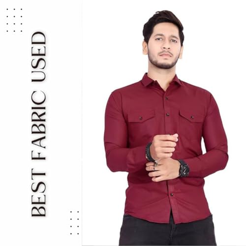Image of Men's Cotton Spread Collar Full Sleeve Regular Fit Solid Casual Shirt with Double Pockets - Stylish Comfortable Shirt for Everyday Wear