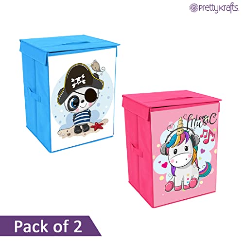 Image of PRETTY KRAFTS Foldable Storage Box with Lids,Large Fabric Storage Cube Toy Boxes Basket with 2 Handles for Wardrobe, Shelf Bedroom Office Nursery Playroom Toys 30 x 30 x 30 cm Set of 2-Pink and Blue