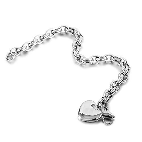 Jewelry Kingdom 1 Heart Charm Bracelet for Women Girls Silver Stainless Steel Chain Adjustable Valentines Day Jewelry Gift (Length of 7-11")2
