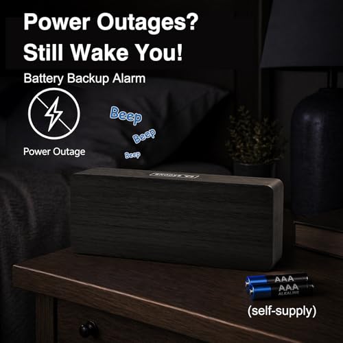 Image of Peakeep Wooden Digital Alarm Clock Large Display, Textured Decoration | for Bedroom Living Room Desk Table, Electric Plug-in Clock Battery Backup with Time Date Day, 5 Brightness, Auto DST