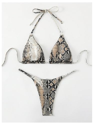WDIRARA Women's Snakeskin Print Halter Bikini Set Triangle Thong Swimsuit Two Piece Bathing Suit2