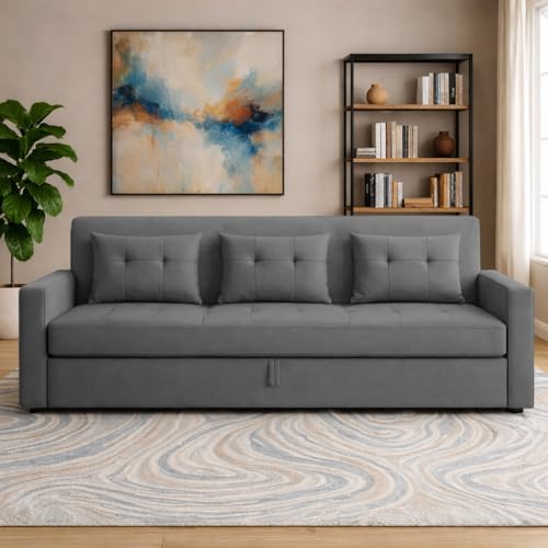 Image of Casaliving Treshta 3 Seater Pull-Out Premium Fabric Sofa Cum Bed Sofa Set for Living Room (Dark Grey Fabric Color) Premium Fabric Sofa Set for Living Room Sofa Cum Bed