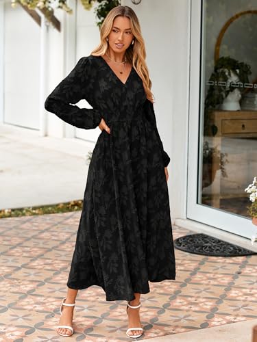 Image of Simplee Womens Boho Floral Long Sleeve Maxi Dress V Neck Empire Waist Fall Wedding Guest Dresses with Pockets