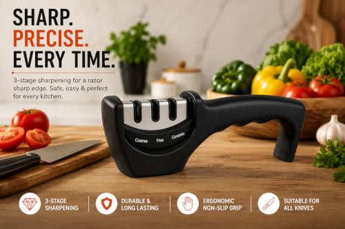 Image of 3-Stage Knife Sharpener | Easy Manual Knife Sharpener with Prep, Sharpen & Finish Sharpening Slots | Quick & Safe Blade Restoration for Kitchen Knives Ergonomic Non-Slip Handle Professional Use