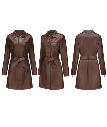 SOMTHRON Women's Mid Length Faux PU Leather Trench Coat Long Sleeve Zip Up Lapel Long Jacket Overcoat with Belt4