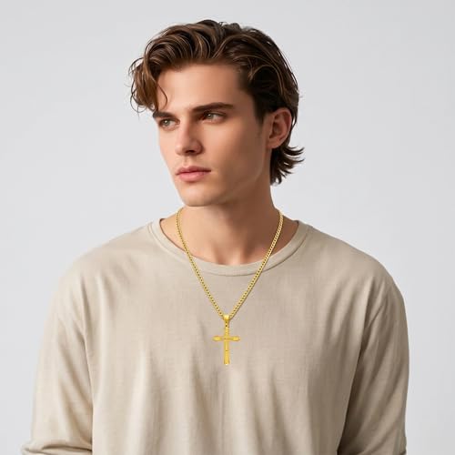 Image of Midari Gold Cross Necklace for Men 18K Gold Cross Pendant Minimalist Faith Necklace Christian Pendant Religious Gift