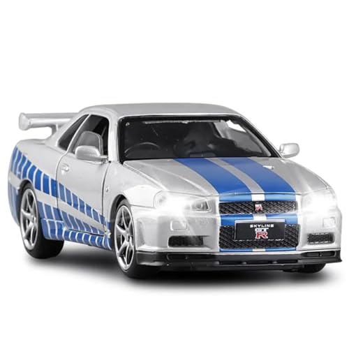 Image of PLUSPOINT Diecast Metal Skyline GTR-R34 P.Walker Edition Sport Car 1:24 Scale Simulation Model Alloy Metal Pull Back Toy car for Kids with Openable Doors & Light, Music Toy Vehicle for Kids, Adults