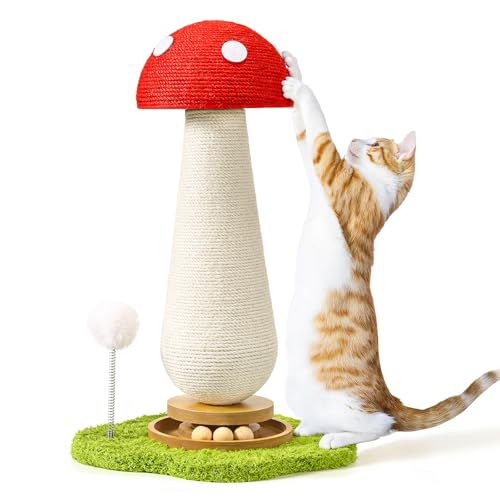 TEWIWAP Cat Scratching Post Mushroom Cat Scratcher with Interactive Ball Track Spring Ball Toys Cute Sisal Scratchers Post for Indoor Adults Kitten with Stable Base