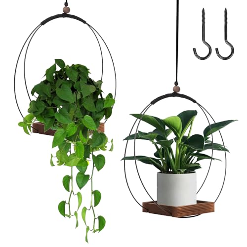 Qivine 2 Stück Blumenampel Hängend Innen, Metall Hängetopf für Pflanzen mit Holzsockel, Outdoor Hängender Blumentopf für Zimmerpflanzen, Sukkulenten, Luftpflanzen (B)