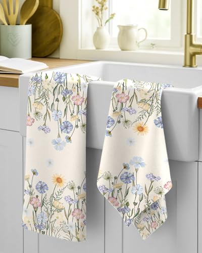Image of Miss Adola 150GSM Flour Sack Kitchen Towels Set of 2, Colorful Flower | 18 inchx26 inch, Lightweight, Lint-Free, Pure Cotton, Decorative, with Hanging Loop, Absorbent, Softer after Wash, Giftable Package