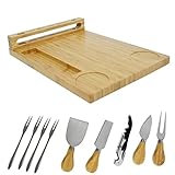 Cheese board Cutlery Knife Set bamboo Charcuterie Platter Serving Tray, with ceramic bowls Server...