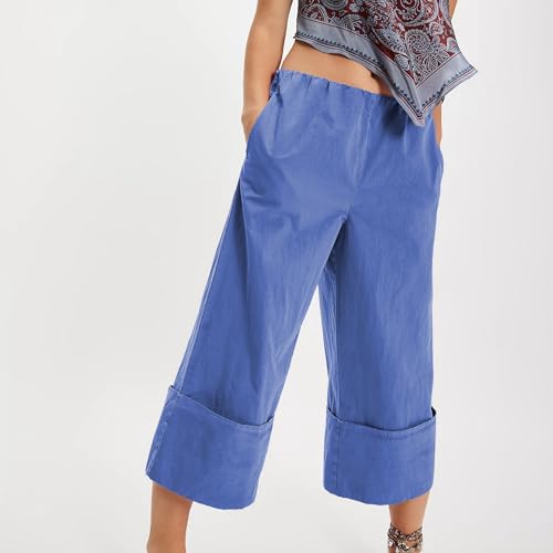 Songling Womens Capri Pants Loose Fit Mid Rise Wide Leg Croped Cuff Pants Casual Palazzo Trousers with Pockets4