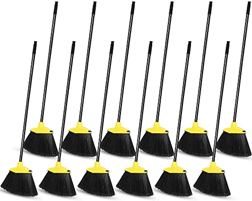 12 Pcs Heavy Duty 53 Inch Commercial Angle Brooms for Sweeping Indoor Outdoor - Black Broom with Long Handle for Garage, Courtyard, Patio, Lobby, Mall, Market, Shop, Sidewalk, Floor (Yellow)