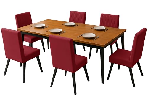 Image of Rosebell 6 Seater Dining Table Set with Cushioned Chairs | Modern Dining Table for Home, Dining Room & Kitchen | Black Metal Legs | Red