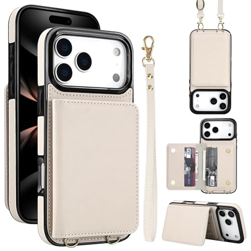 Étui iPhone 17 Pro à rabat en cuir blanc avec fentes cartes et bandoulière