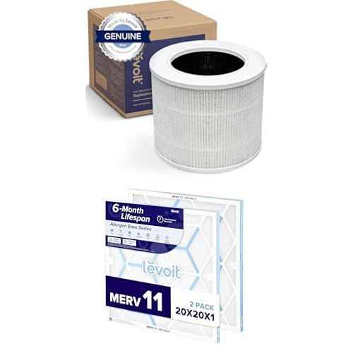 LEVOIT Core Mini-P Air Purifier Replacement Filter, 3-in-1, 1 Pack, White + LEVOIT 20x20x1 AC Furnace Air Filter, MERV 11, 6-Month Pleated 1-Inch Electrostatic Air Cleaning Filter, 2 Pack