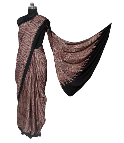 Image of Ethnics of Kutch Womenss Ajrakh Modal Silk Natural Dye Hand Block Print Saree with Blouse Piece - 5.5 Mtr Length