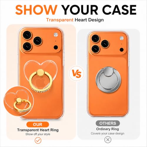 Image of Mizi 2Pack Transparent Heart Phone Ring Holder Kickstand, Bling Crystal Finger Grip Stand with 360 Rotation for iPhone, Samsung, Android Phones & Cases - Gold